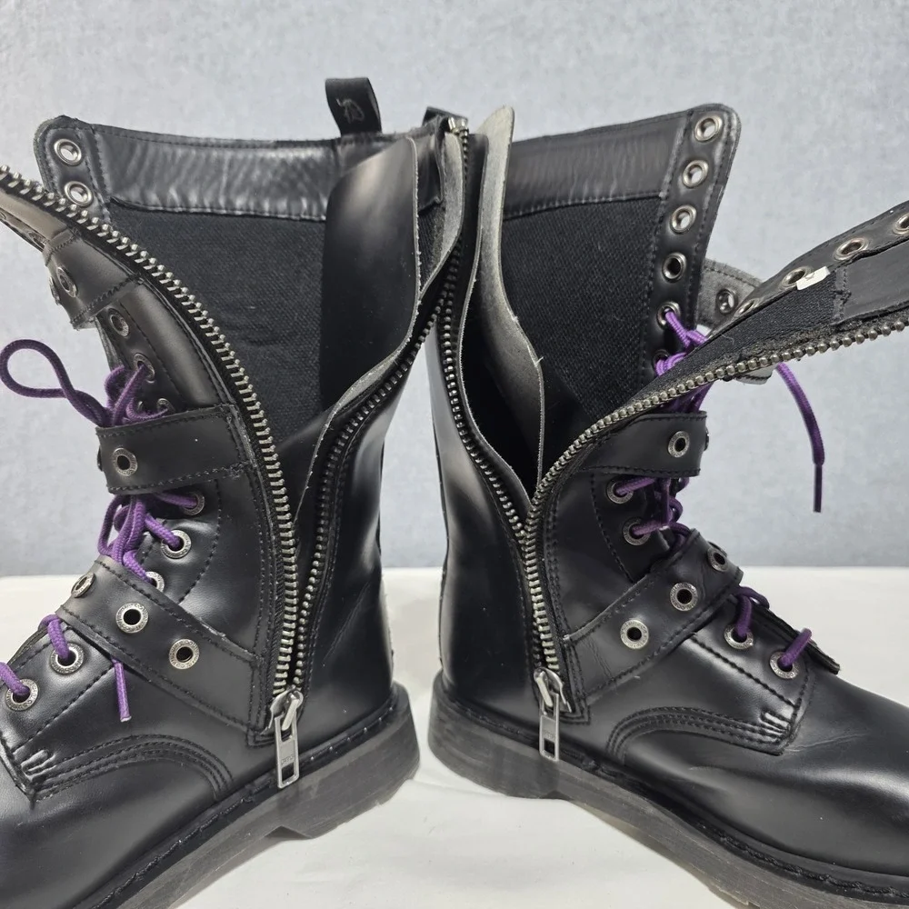 Demonia Black Leather Combat Boots - Side Zip - US 9 mens
